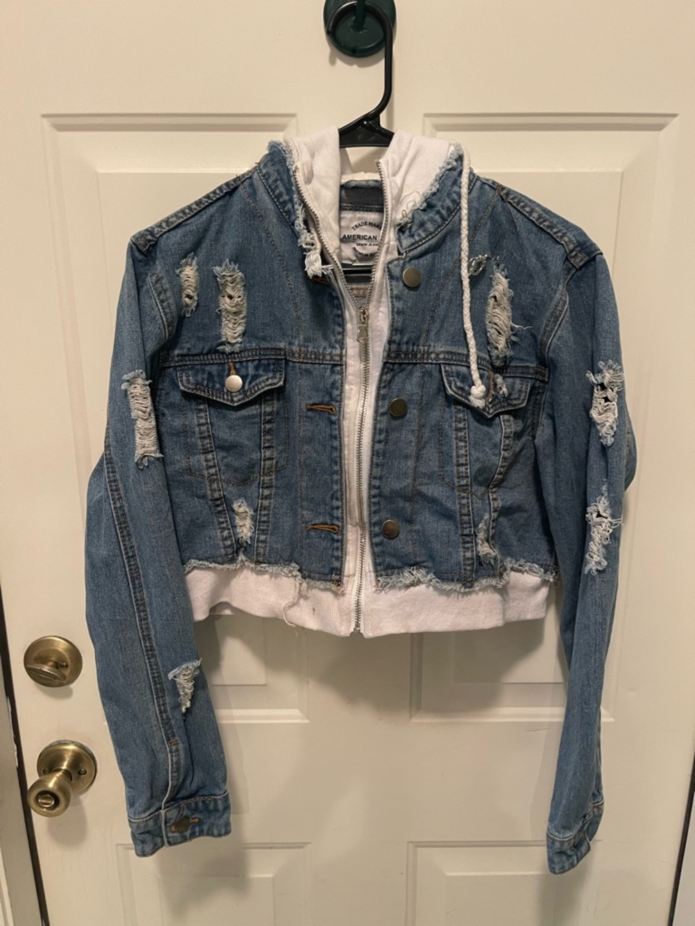 American Bazi Distressed Light Blue Denim Jacket with White Hoodie - Picture 2 of 6